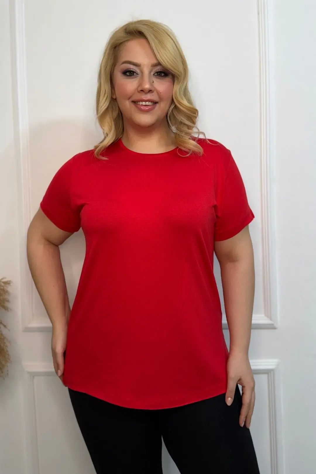 Büyük Beden Bisiklet Yaka Kısa Kollu Penye Tunik T-Shirt - Konfor Modeli