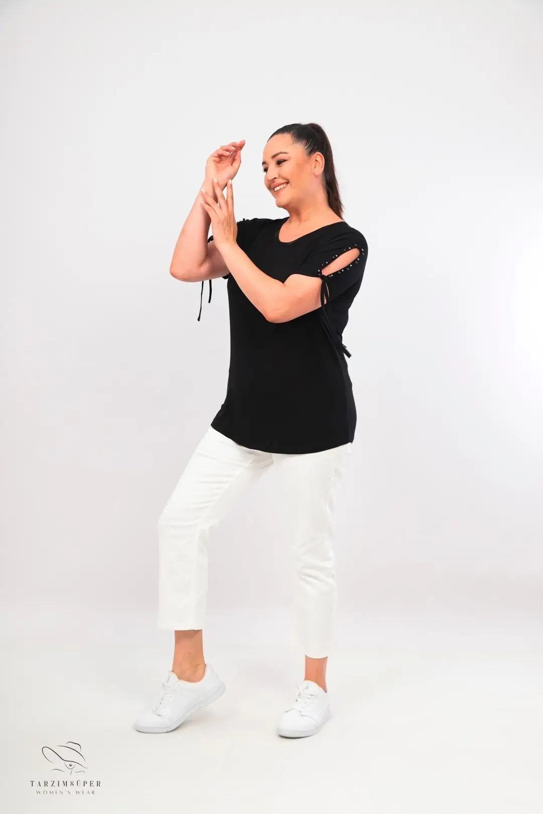 Büyük Beden Yeni Sezon Konfor Modeli Kol Bağlamalı Inci Detaylı Kısa Kollu Penye Tunik T-shirt